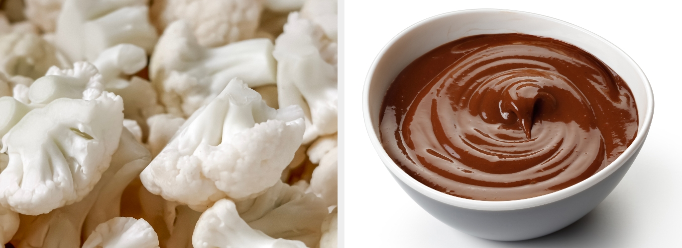 Cauliflower florets next to a bowl of creamy chocolate pudding, highlighting a food contrast