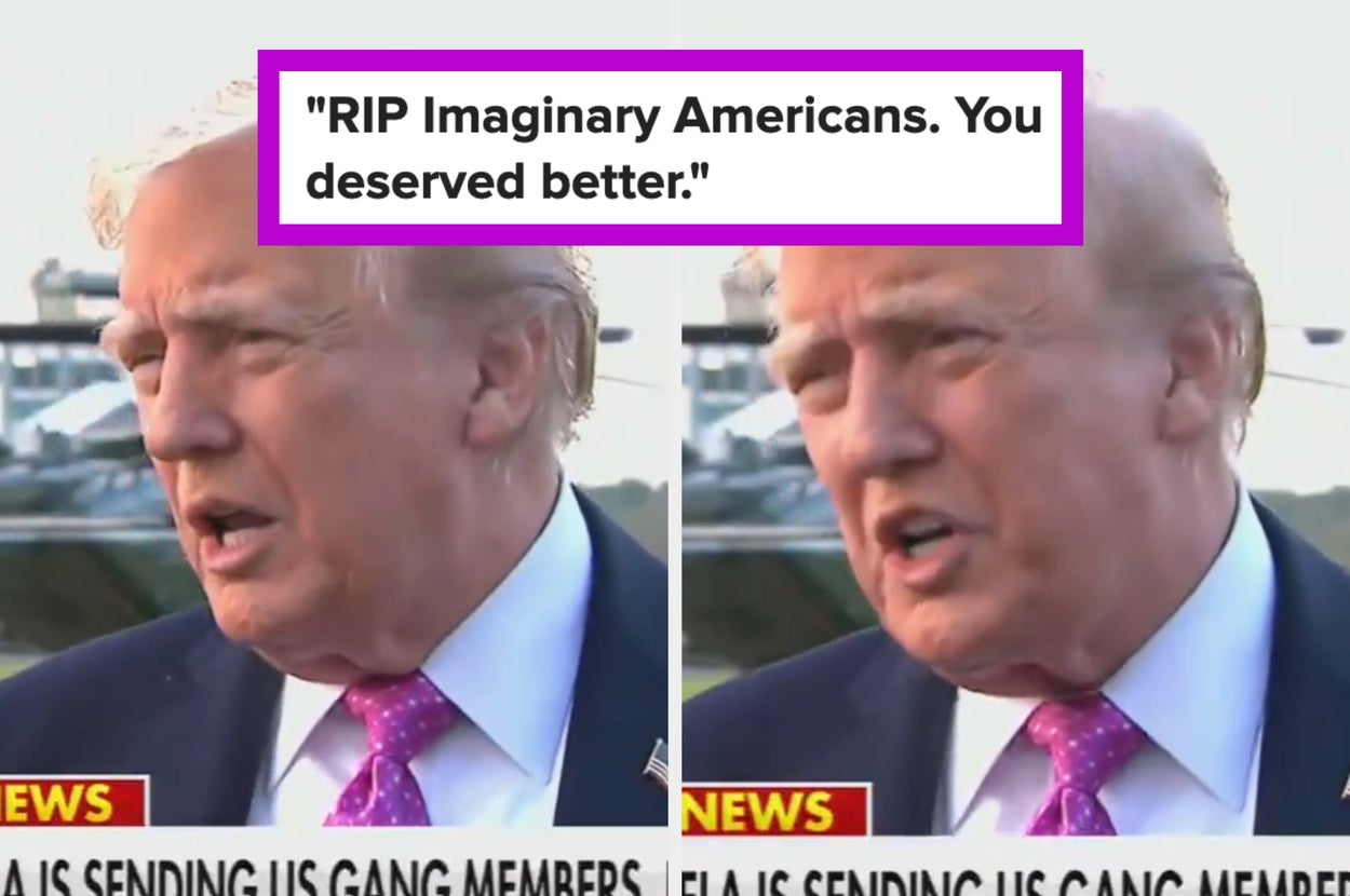 trump speaks on TV news; text overlay reads "RIP Imaginary Americans. You deserved better."