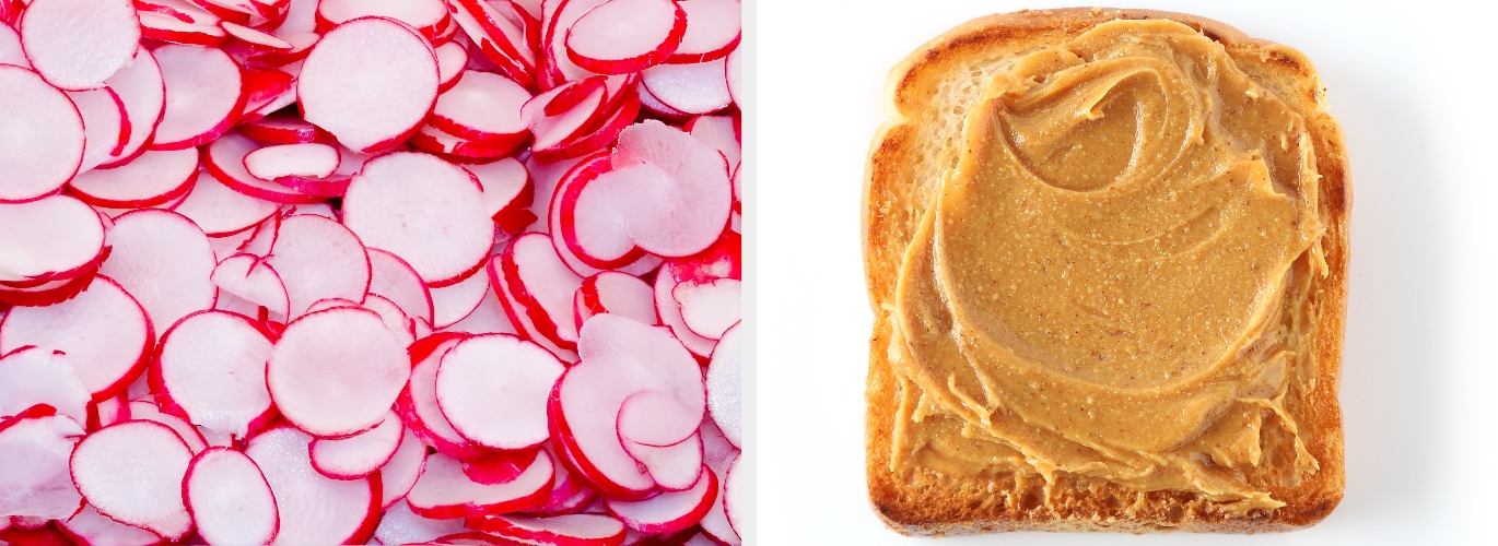 Sliced radishes next to a piece of toast spread with peanut butter
