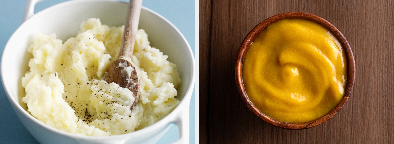 Mashed potatoes seasoned with pepper in a bowl and smooth, creamy yellow mashed potatoes in a wooden bowl