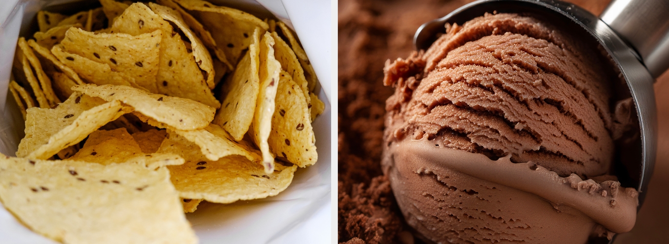 Tortilla chips in a bowl next to a close-up of a scoop of chocolate ice cream