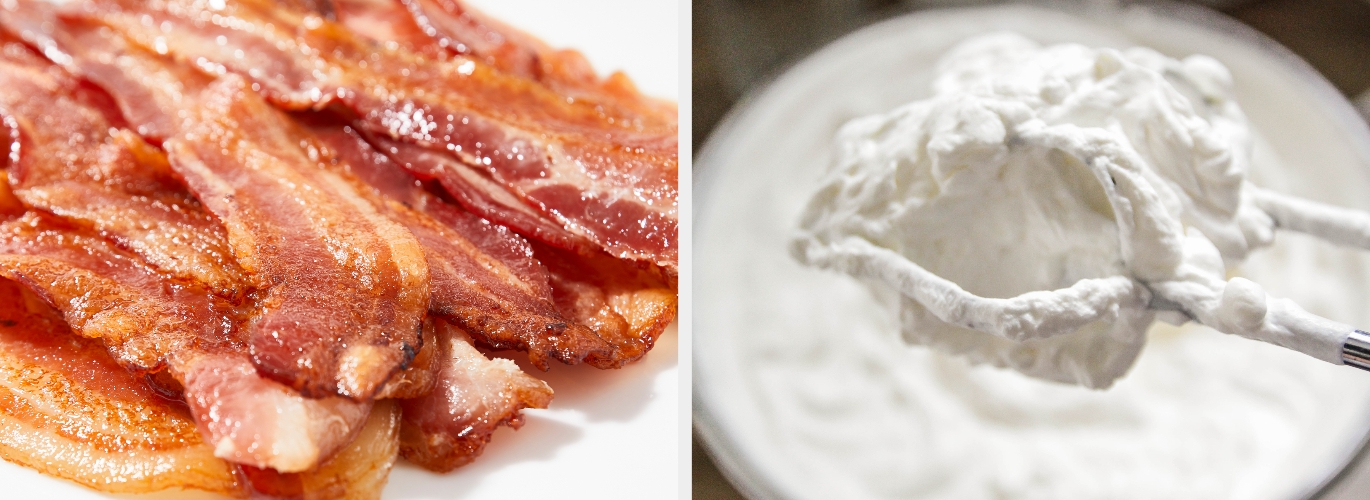 Crispy bacon strips next to whipped cream in a bowl with a mixer beater