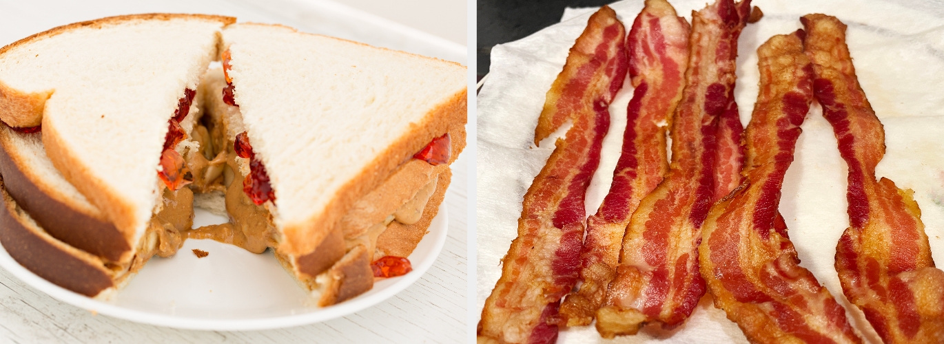 Peanut butter and jelly sandwich on a plate next to crispy bacon strips on paper towels