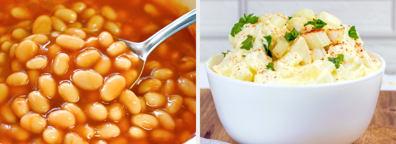 Split image: Left side shows a spoon with baked beans; right side features a bowl of potato salad topped with parsley and paprika