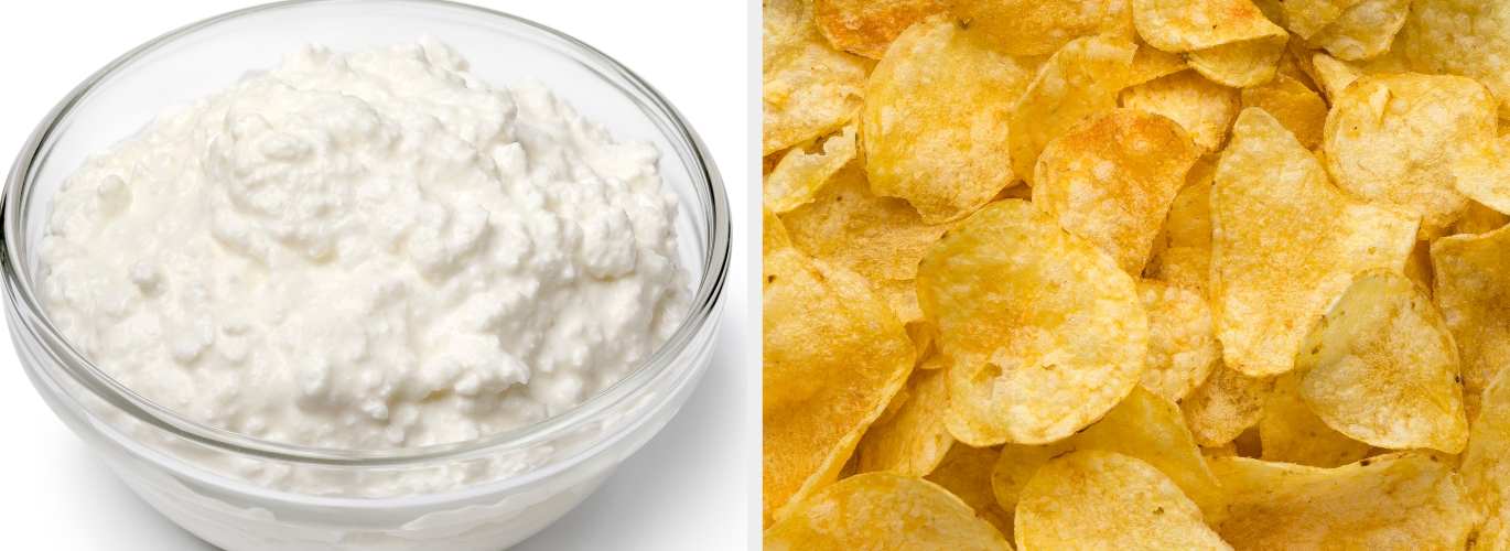 A bowl of cottage cheese beside a pile of potato chips, showcasing contrasting snack options