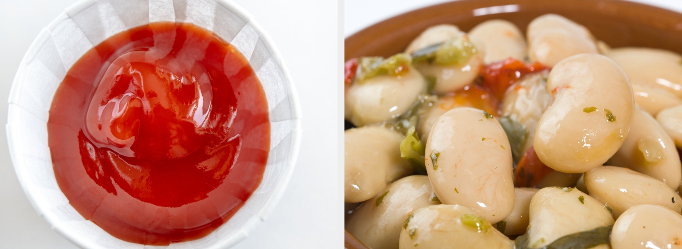 Bowl of tomato sauce next to a dish of marinated white beans with herbs and peppers