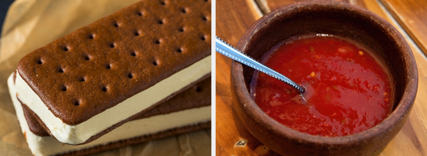 Ice cream sandwiches beside a bowl of tomato soup on a wooden table