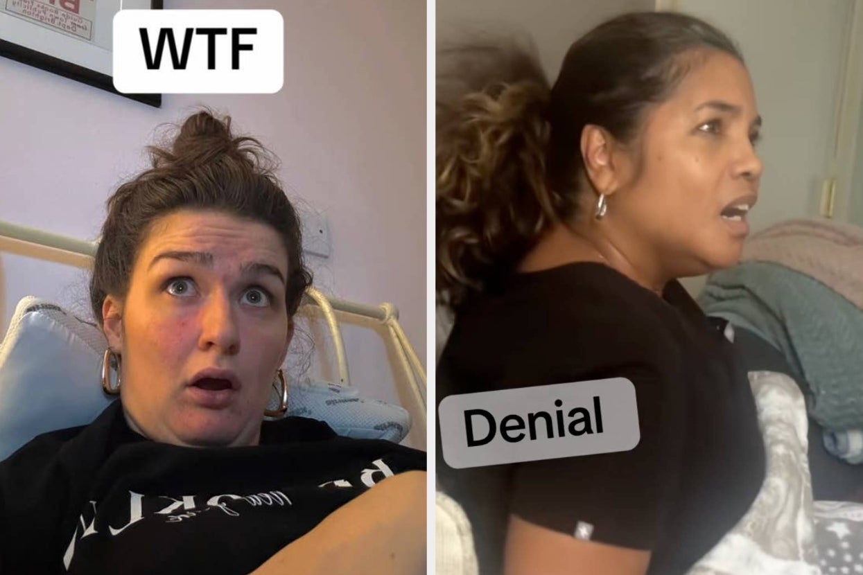 Two people at home with shocked expressions. Left text reads "WTF"; right text reads "Denial"