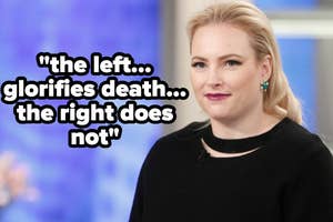 A person in a studio, wearing a black top, with a quote bubble reading, "the left... glorifies death... the right does not."