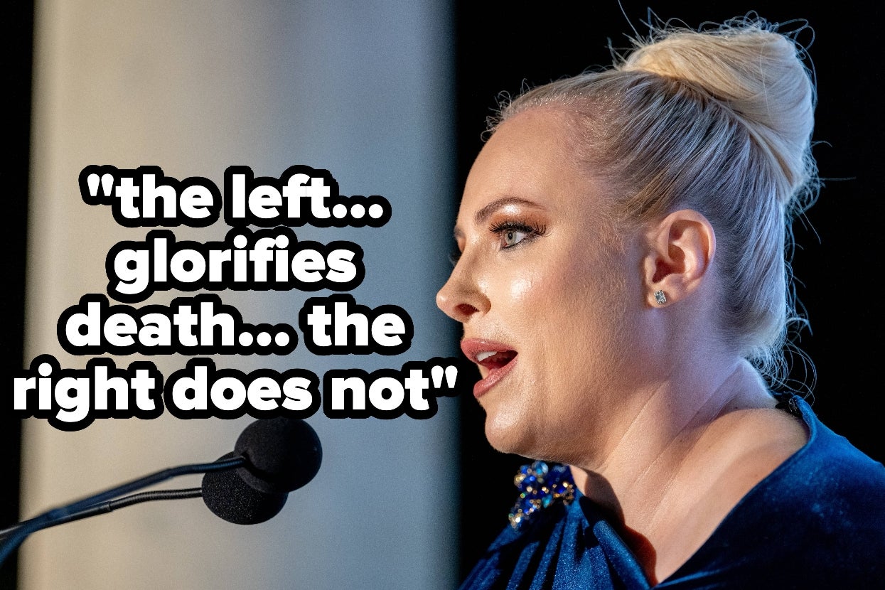 Woman speaking at a podium, text reads: "the left... glorifies death... the right does not."