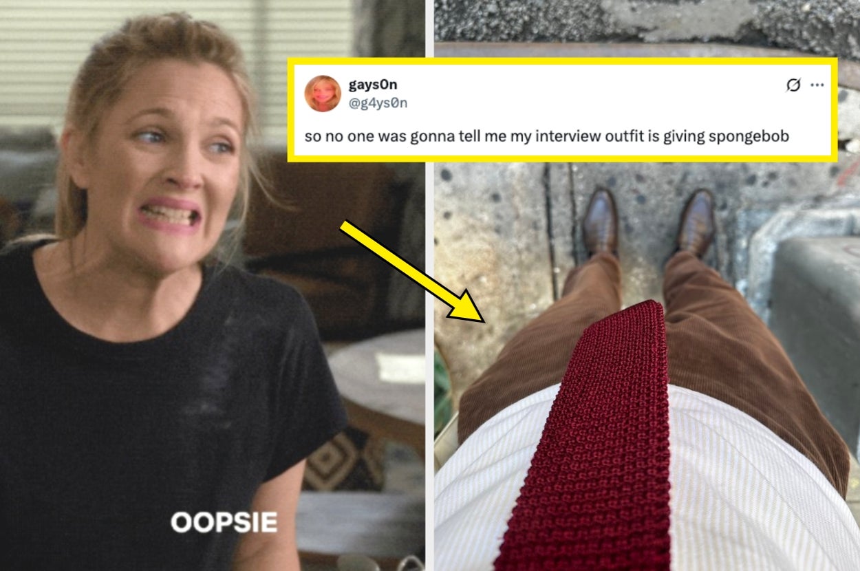 A person in a meme reacts with "Oopsie" alongside a tweet comparing an interview outfit to SpongeBob's style with a red tie and brown pants