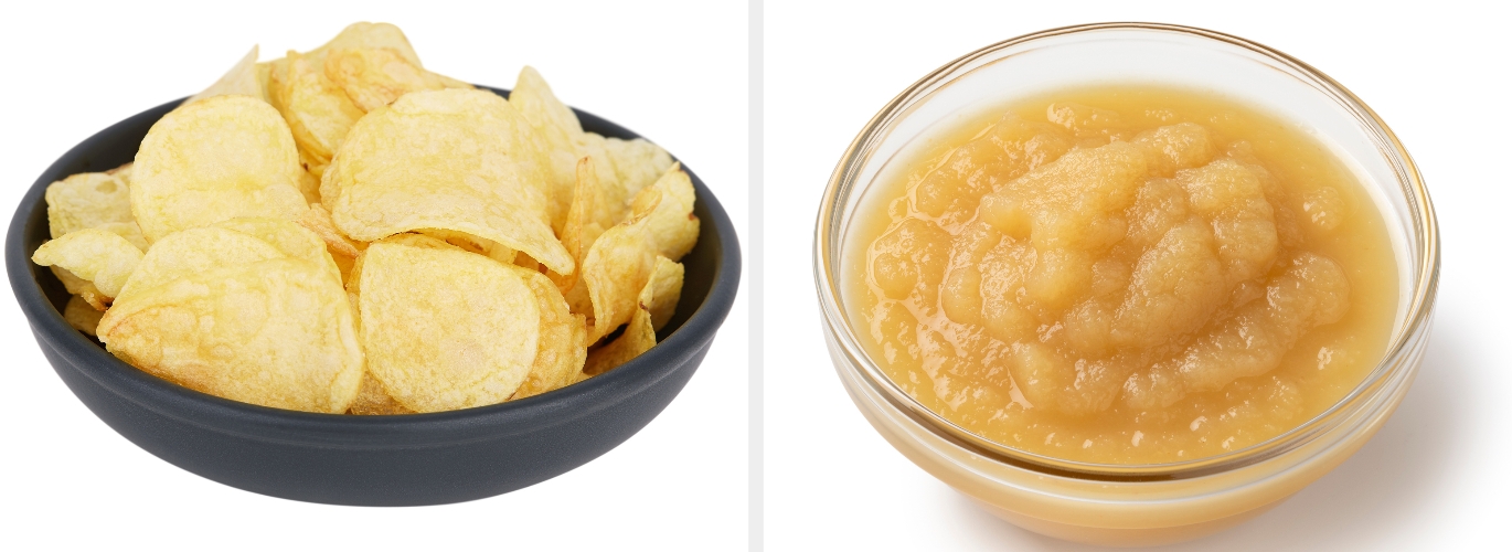 Bowl of potato chips next to a bowl of applesauce, placed on a white surface