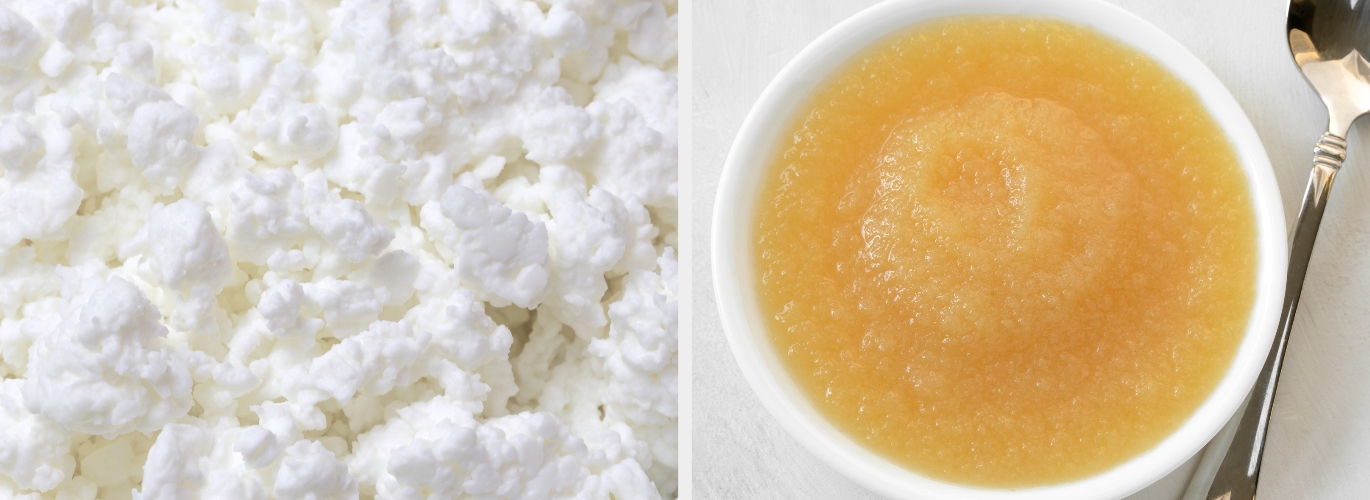 Close-up of cottage cheese on the left and a bowl of applesauce with a spoon on the right
