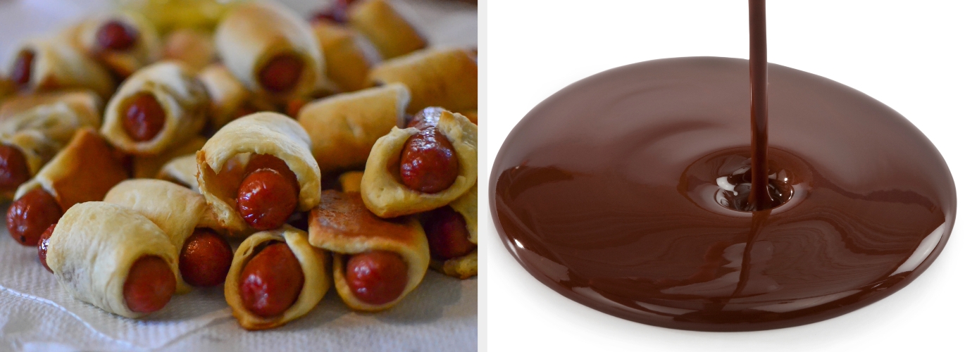 Pigs in blankets on the left; chocolate being poured on the right