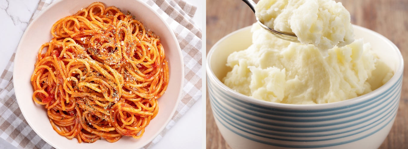 A bowl of spaghetti with tomato sauce and herbs next to a bowl of creamy mashed potatoes