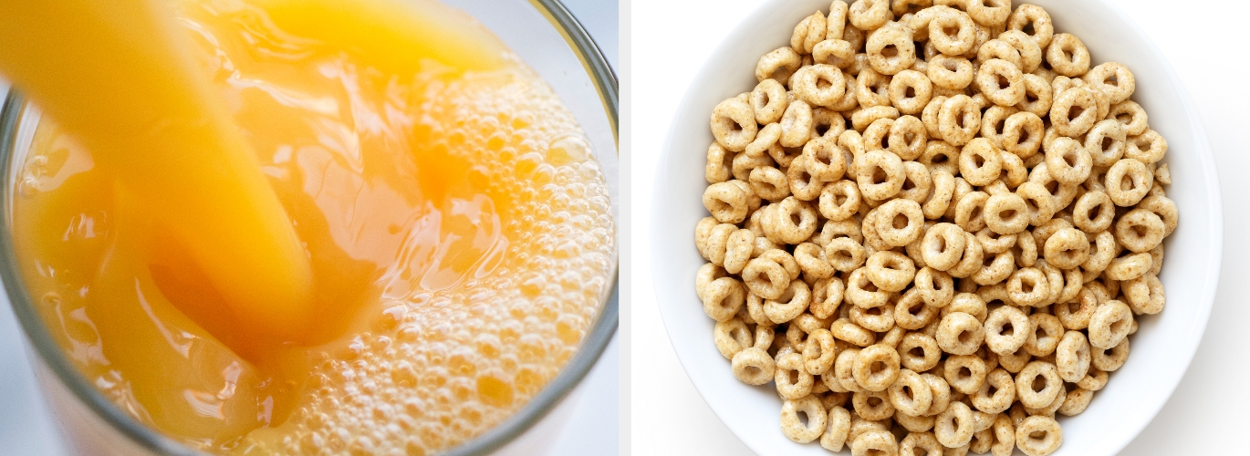 Pouring orange juice beside a bowl of cereal