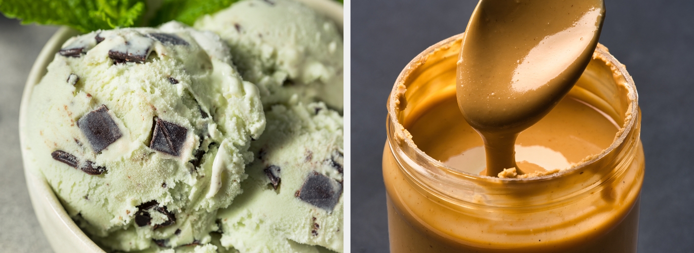 Mint chocolate chip ice cream and a jar of creamy peanut butter with a spoon