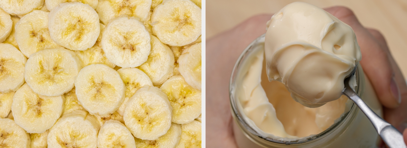 Sliced bananas on the left and a spoon scooping mayonnaise from a jar on the right
