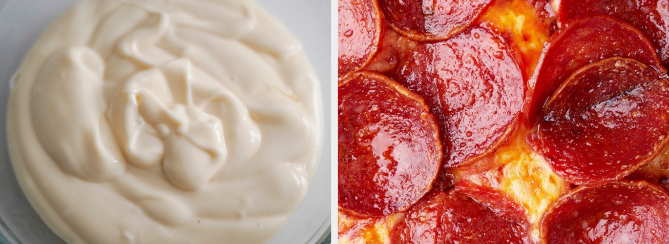 Close-up of mayonnaise and a pepperoni pizza, showcasing creamy texture and crispy pepperoni slices