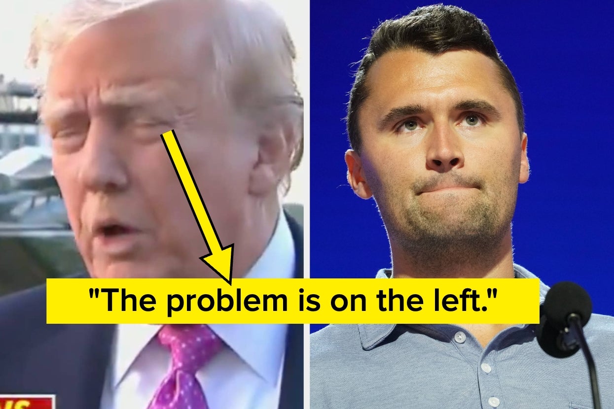 Split image: Left, person in a suit with text overlay "The problem is on the left." Right, person at a podium