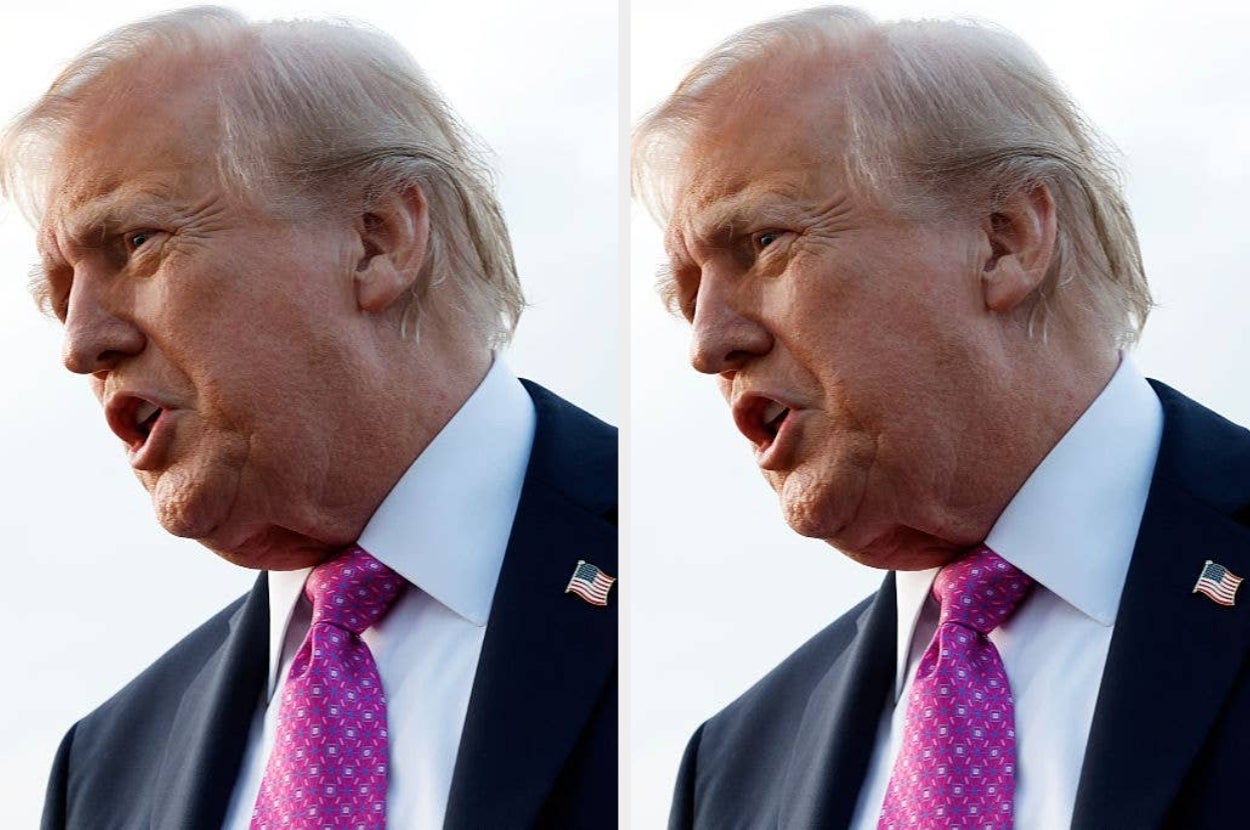 Man in suit with American flag pin gestures while speaking; close-up from two angles