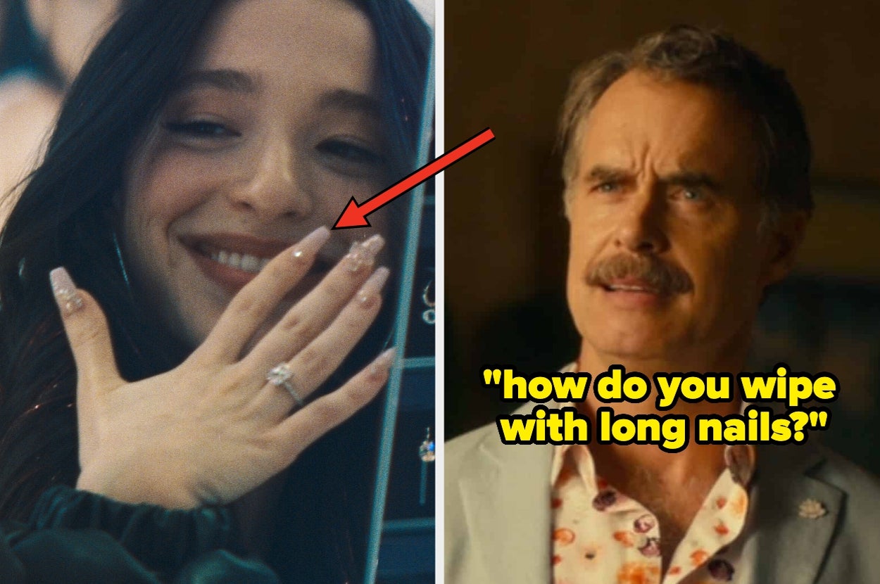 Split image: Left shows a smiling person with long nails and a ring. Right shows a person with a mustache asking, "how do you wipe with long nails?"