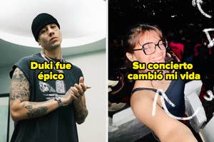 Dos imágenes: a la izquierda, una persona con gorra y tatuajes; a la derecha, una persona en un concierto, con texto elogioso sobre el evento