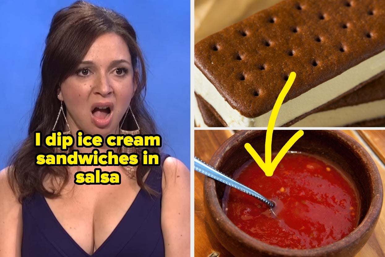A shocked woman and two images: an ice cream sandwich and one dipped in salsa with a text overlay expressing the combination