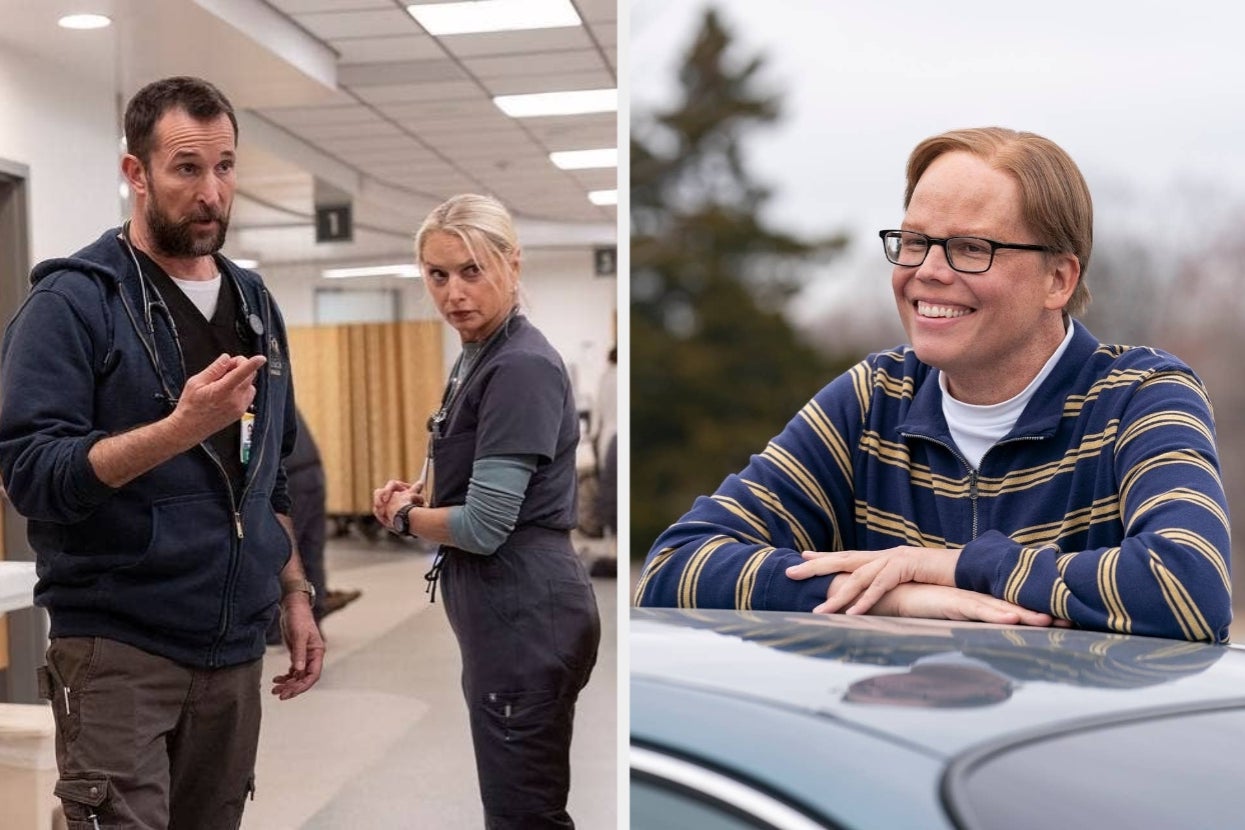 Two images: 1) Two actors in medical attire in a hospital setting. 2) An actor in a casual striped shirt leaning on a car, smiling