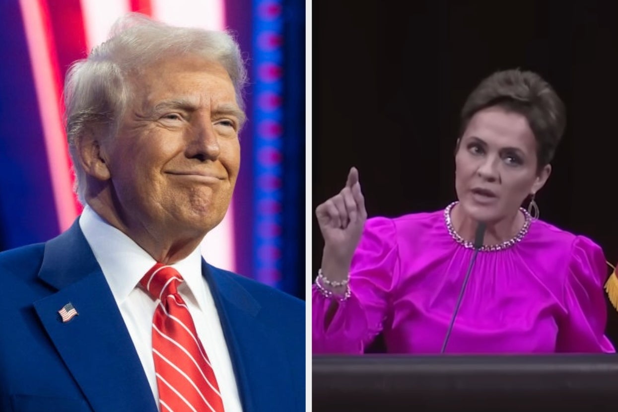 Left: Person in a suit with an American flag lapel pin. Right: Person speaking energetically, wearing a bold blouse and gesturing while talking