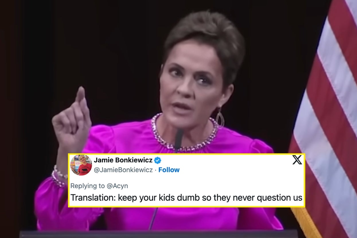 A person speaks on stage, gesturing with one finger up. Overlay text says: “Translation: keep your kids dumb so they never question us.”