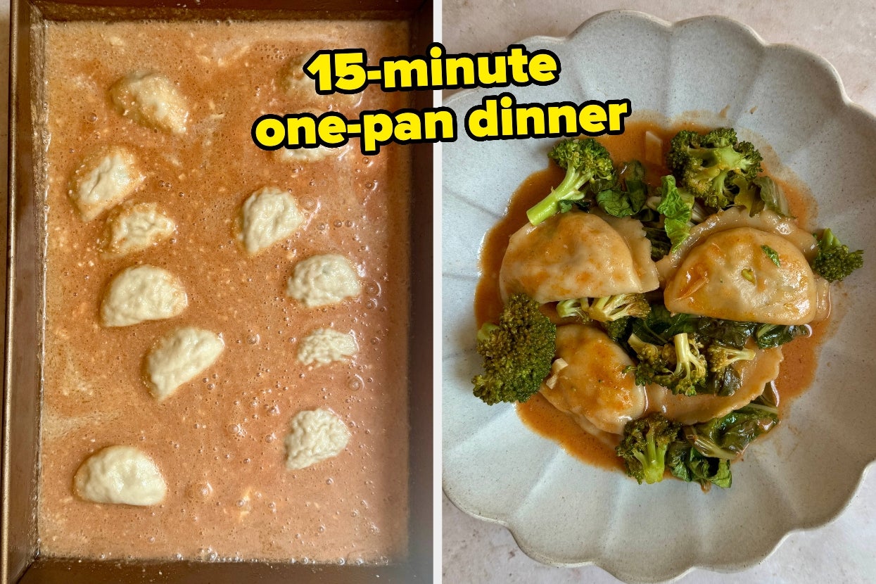 Frozen dumplings cooking in sauce on the left, and a plated dish with dumplings and broccoli in sauce on the right. Text: "15-minute one-pan dinner."