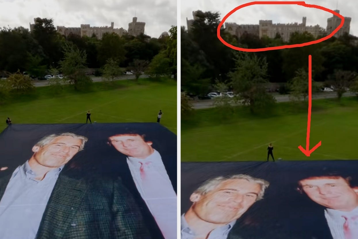 Large banner with two men shown on the grass near a castle. The right image highlights the castle in the background
