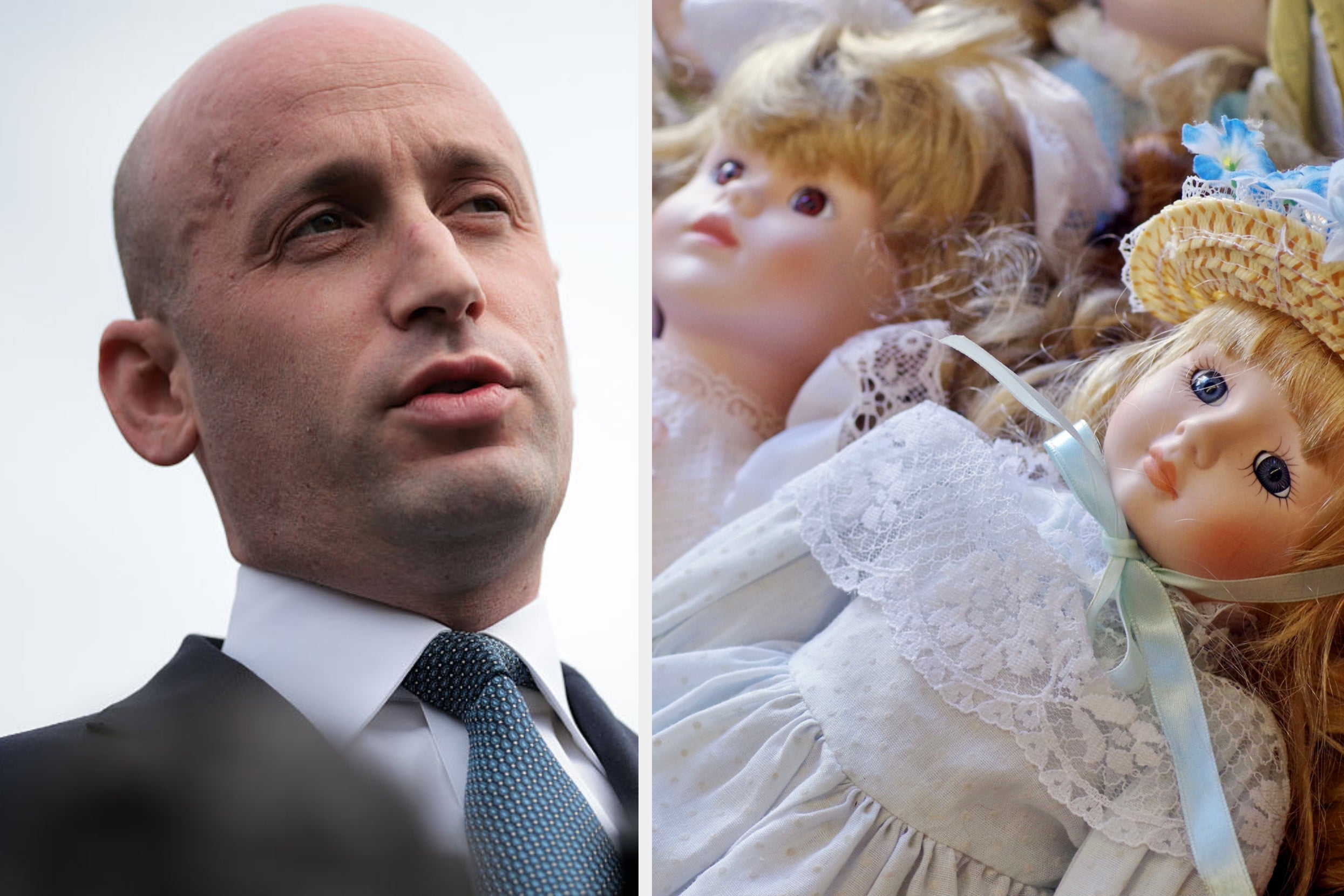 stephen miller is photographed alongside vintage dolls with lace dresses and hats, creating an unexpected visual juxtaposition