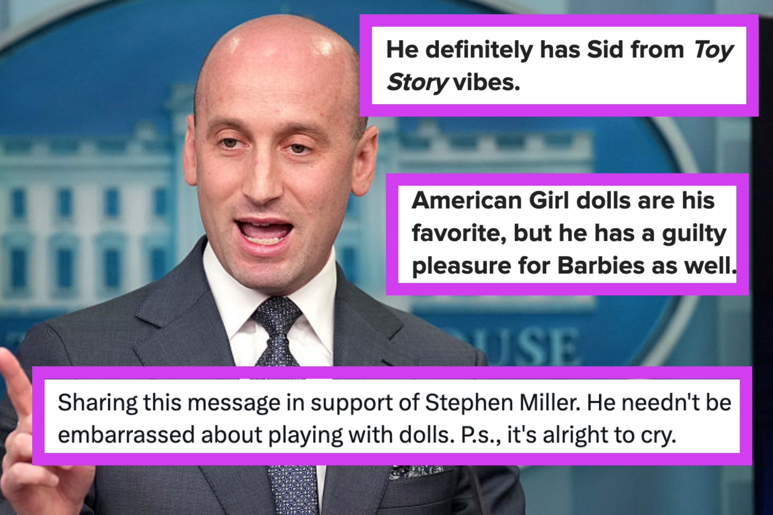 stephen miller speaking at a podium with text overlay joking about an affinity for dolls and a Toy Story character resemblance