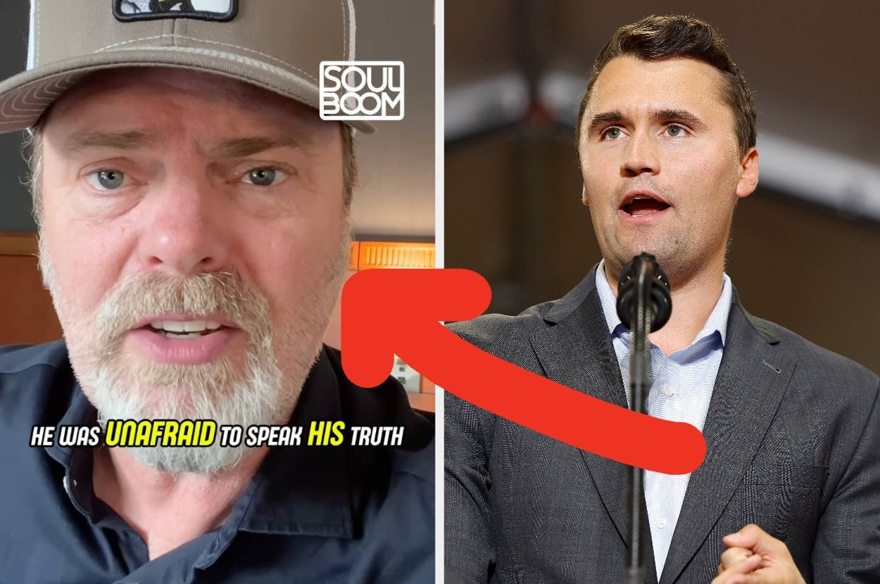 Left: Person with beard in a cap appearing in a video call. Right: Person speaking at a podium. Text states, "He was unafraid to speak his truth."