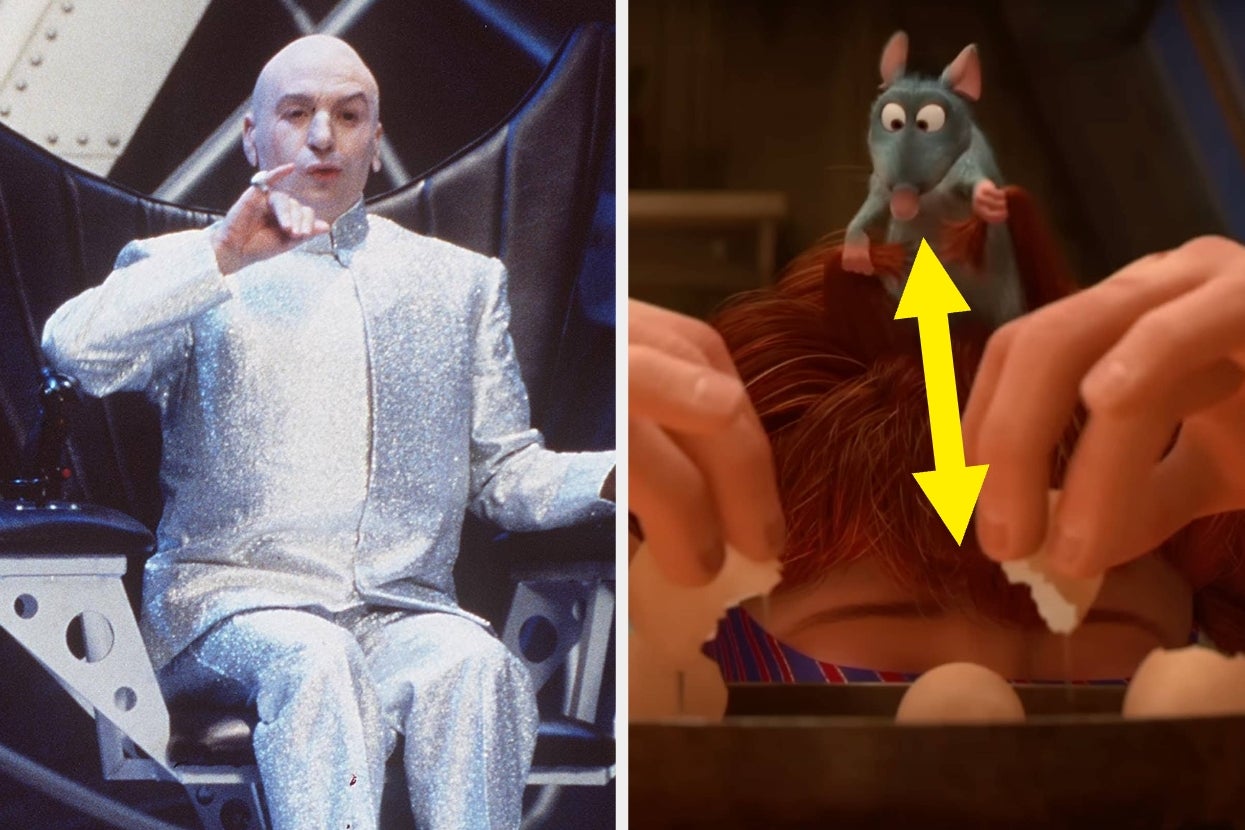 Man in shiny suit gestures in futuristic chair; animated rat directs human by pulling hair