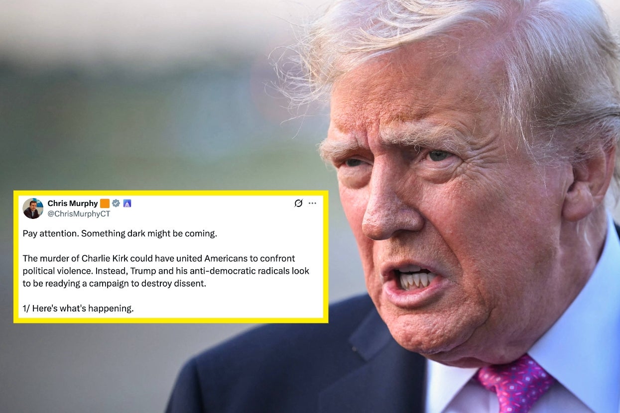 Donald Trump in a suit speaking, with a highlighted social media post calling attention to political concerns and potential unrest