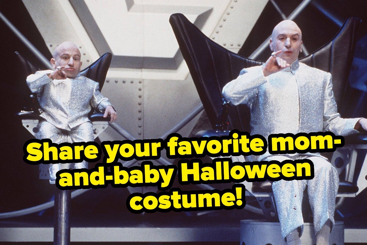 Two people in silver, futuristic outfits resembling a famous movie scene. Text: "Share your favorite mom-and-baby Halloween costume!"