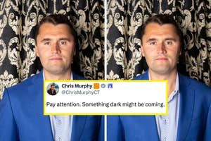 Charlie Kirk stands in front of patterned backdrop; tweet underlines possible future event with text: "Pay attention. Something dark might be coming."