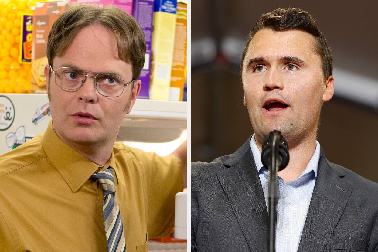 Two men in split image: left wears glasses and business attire in what appears to be a store; right is speaking at a podium in a suit