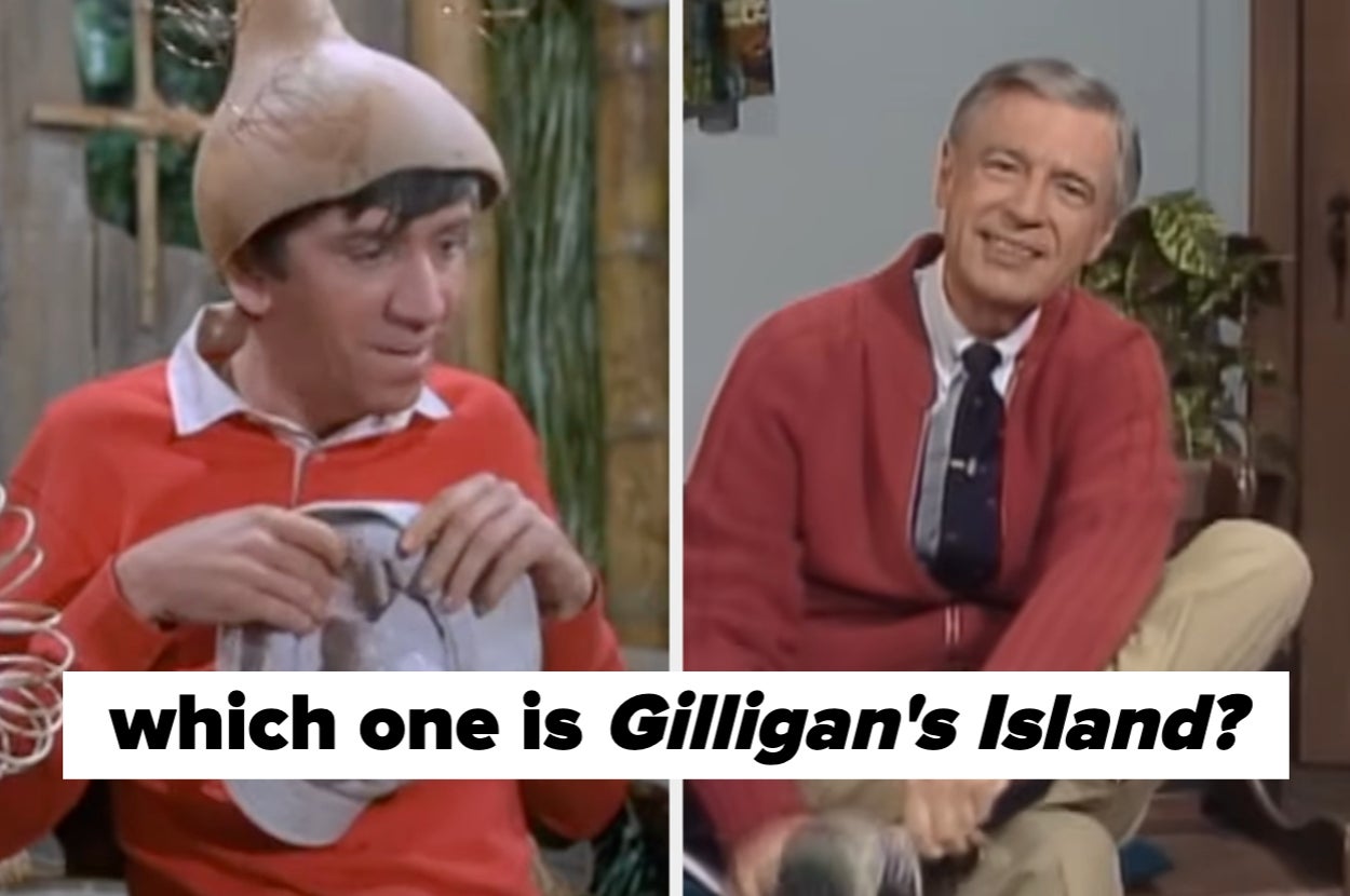 Split image: Left, a character from "Gilligan's Island" wearing a hat. Right, a man in a sweater and tie from "Mister Rogers' Neighborhood." Caption asks which is "Gilligan's Island."