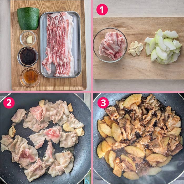 豚肉、ニンニク、冬瓜、調味料で料理をする手順が示されています。段階ごとの調理工程が写真で説明されています。