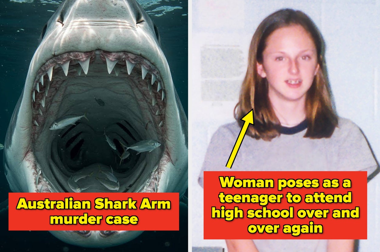Split image: Left shows open-mouthed shark; right shows young woman posing. Text reads: "Australian Shark Arm murder case" and "Woman poses as a teenager to attend high school over and over again."