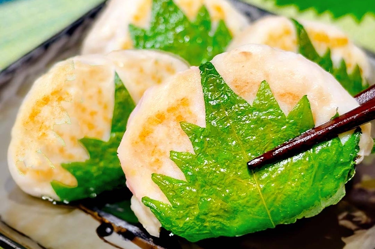 和風の皿に盛られた葉で包まれた焼き餃子が箸で持ち上げられている。おいしそうに見える料理のクローズアップ。