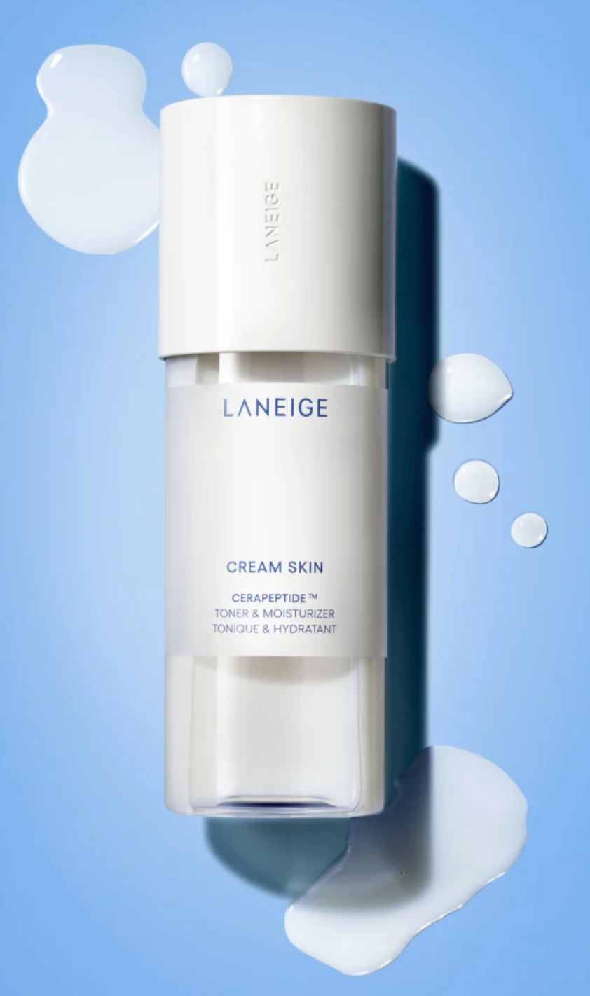 Laneige cream skin bottle on a blue background with water droplets nearby. Text: "Cerapeptide™ Toner & Moisturizer, Tonique & Hydratant."