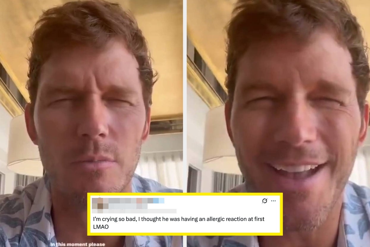 A man in a casual shirt shares a video message, humorously reacting, eyes squinting. A text overlay describes someone mistaking his reaction for allergy