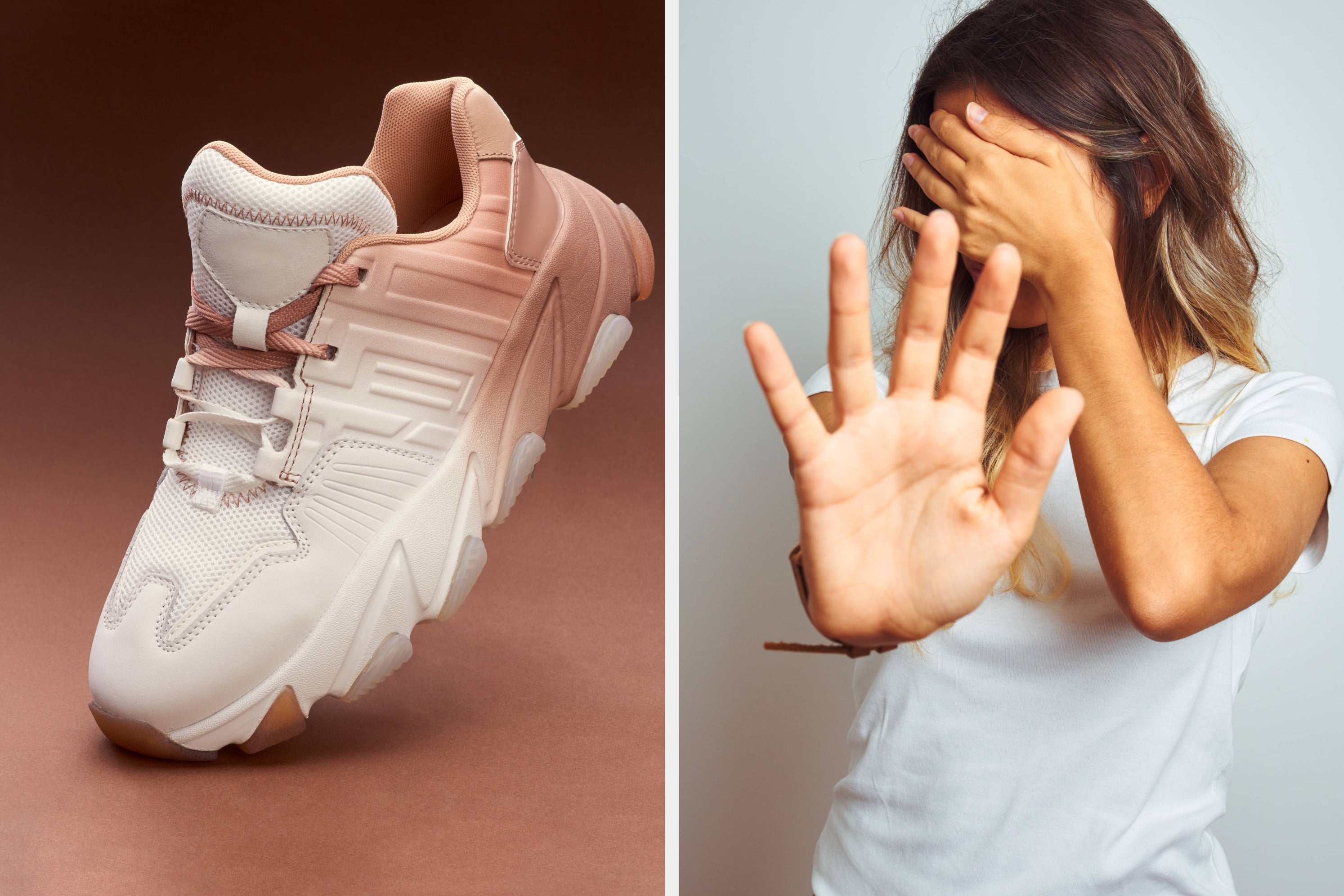 Question asking about a disliked modern fashion trend, with images of a chunky sneaker and a person gesturing "stop" with their hand