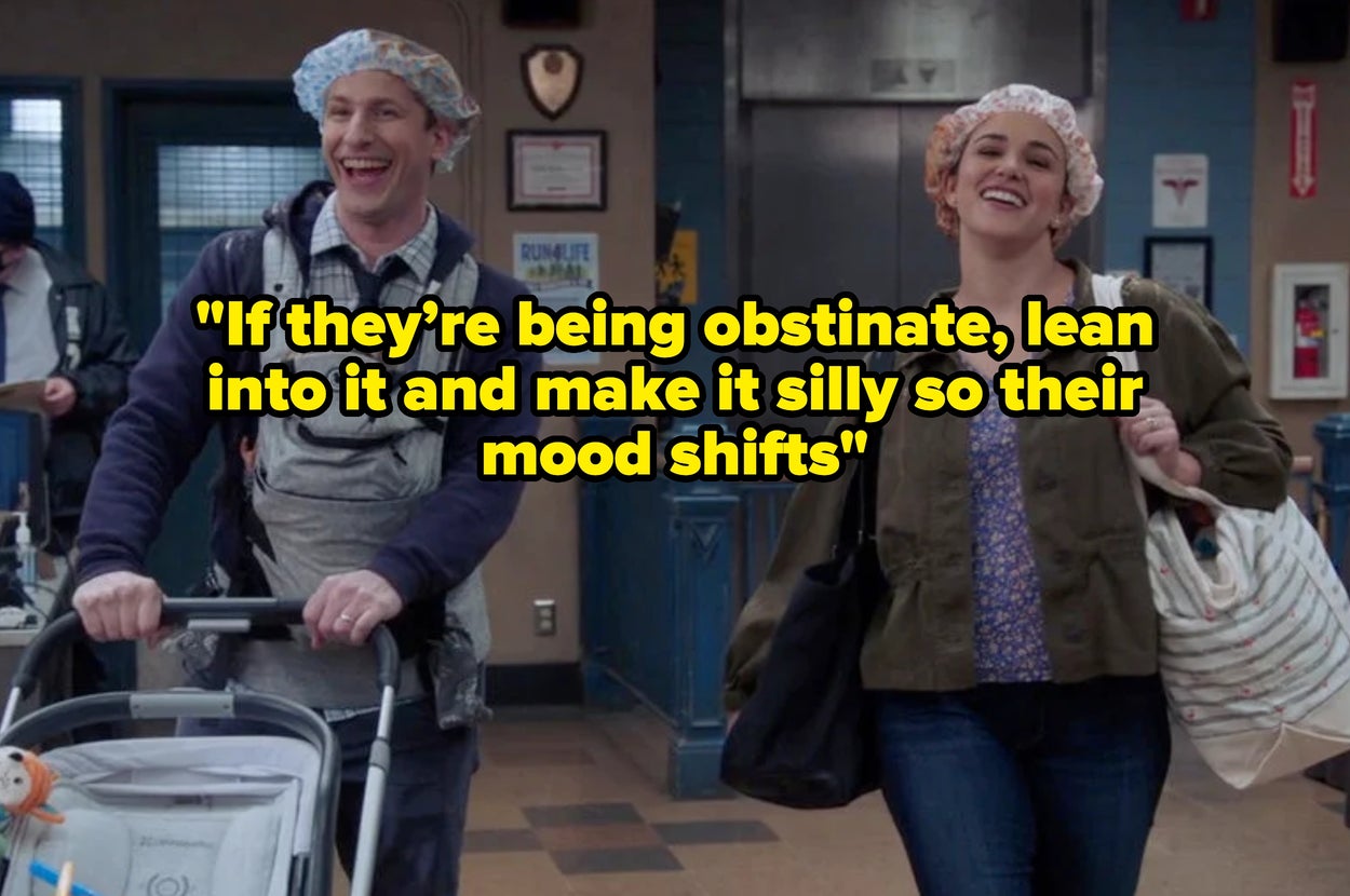 Two people with baby strollers and shower caps smile. Overlaid text gives a humorous parenting tip about handling obstinate behavior by being silly