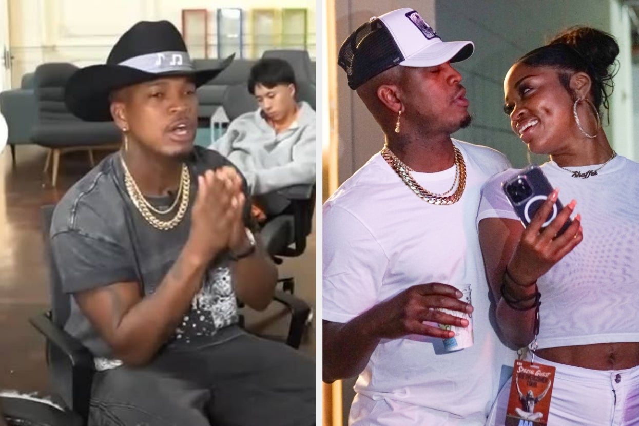 Two images: Left shows a person in a cowboy hat and chains, gesturing while seated. Right shows the same person with a woman, both smiling and holding drinks